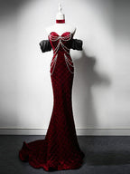 Mermaid Sweetheart Neck Velvet Beads Burgundy Long Classy Prom Dress
