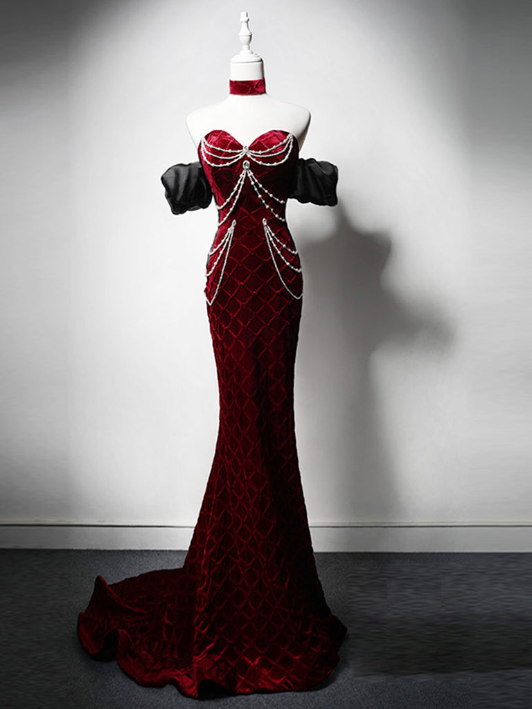 Mermaid Sweetheart Neck Velvet Beads Burgundy Long Classy Prom Dress