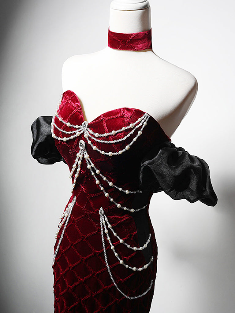 Mermaid Sweetheart Neck Velvet Beads Burgundy Long Classy Prom Dress Secondary image