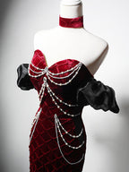 Mermaid Sweetheart Neck Velvet Beads Burgundy Long Classy Prom Dress