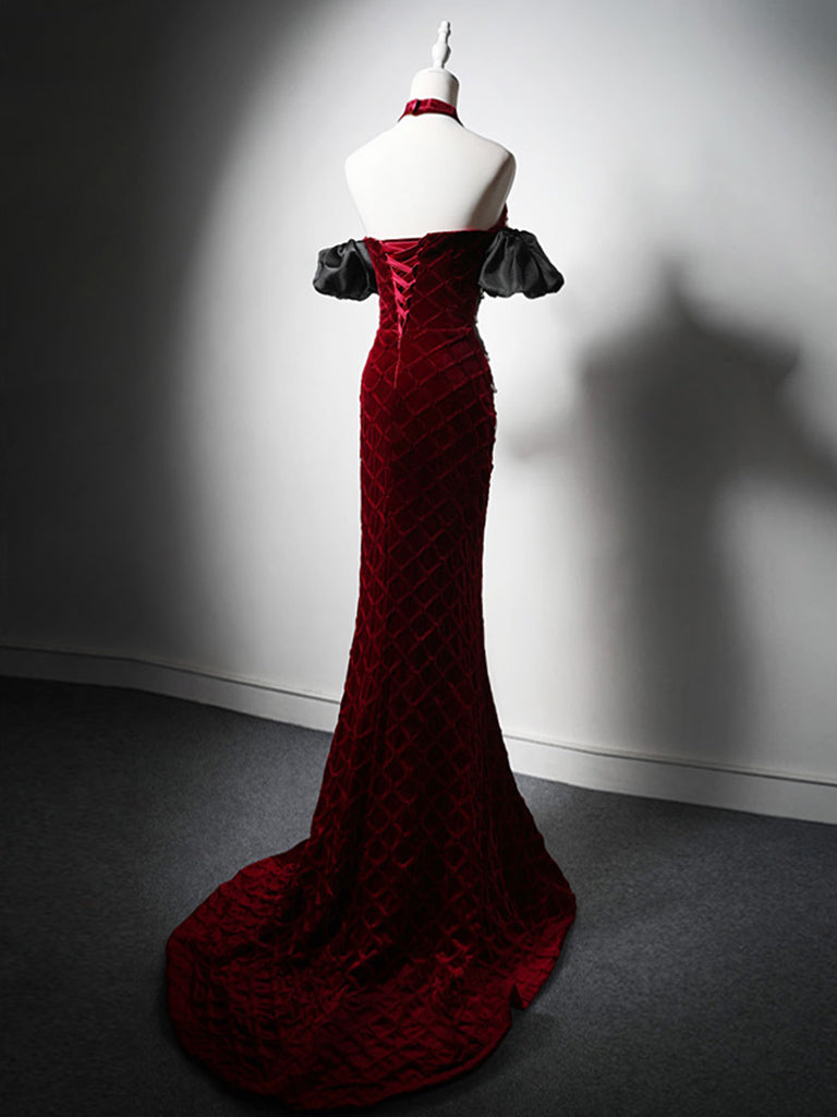Mermaid Sweetheart Neck Velvet Beads Burgundy Long Classy Prom Dress