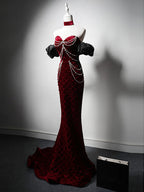 Mermaid Sweetheart Neck Velvet Beads Burgundy Long Classy Prom Dress