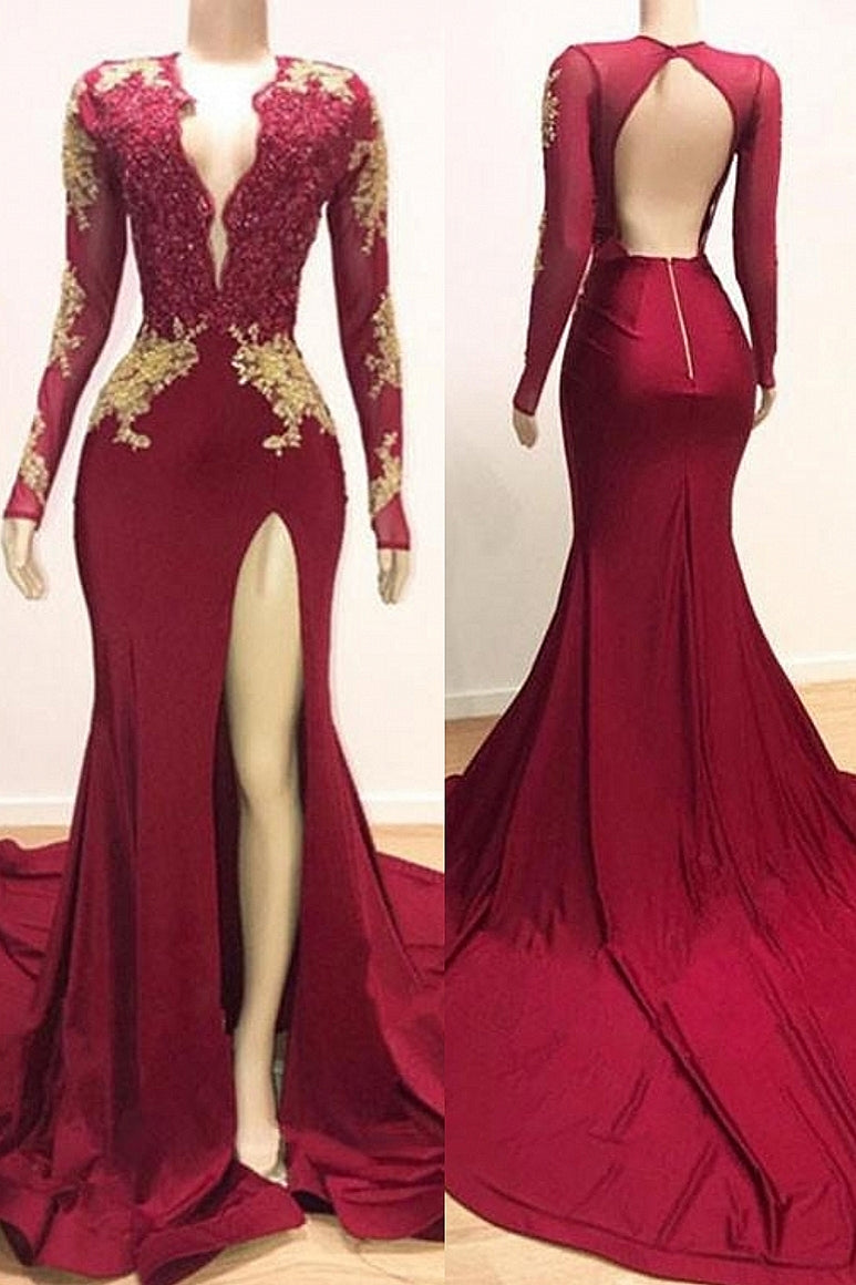 Mermaid Transparent Round Collar Court Front Slit Backless Chiffon Applique Embroidery Prom Dress Main image