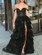 Mermaid / Trumpet Classy Prom Dress Corsets Dress Classy Court Train Sleeveless Off Shoulder Tulle With Sequin Slit