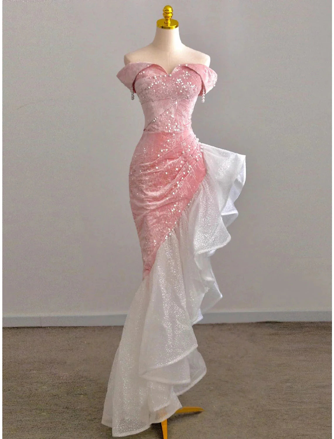 Mermaid / Trumpet Classy Prom Dress Party Dress Classy Evening Party Floor Length Sleeveless Off Shoulder Tulle With Pearls Sequin Main image