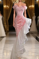 Mermaid / Trumpet Evening Prom Dress Party Dress Evening Party Floor Length Sleeveless Off Shoulder Tulle with Pearls Sequin