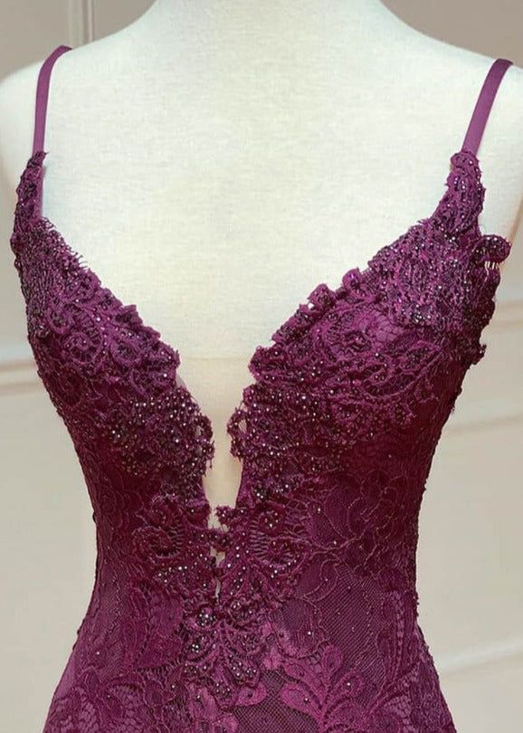 Mermaid/Trumpet Spaghetti Straps Grape Lace Beaded Long Classy Prom Dress Classy Evening Dress