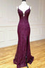 Mermaid/Trumpet Spaghetti Straps Grape Lace Beaded Long Classy Prom Dress Classy Evening Dress