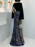 Mermaid / Trumpet Sparkle Gothic Evening Prom Formal Evening Dress V Neck Long Sleeve Floor Length Sequined Velvet With Sash / Ribbon Sequin