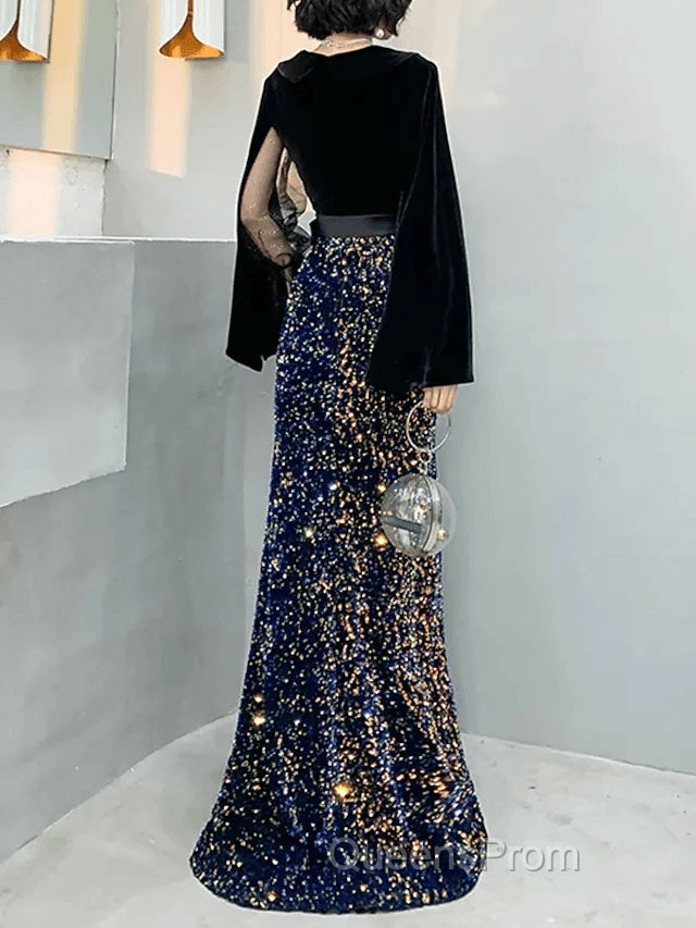 Mermaid / Trumpet Sparkle Gothic Evening Prom Formal Evening Dress V Neck Long Sleeve Floor Length Sequined Velvet With Sash / Ribbon Sequin