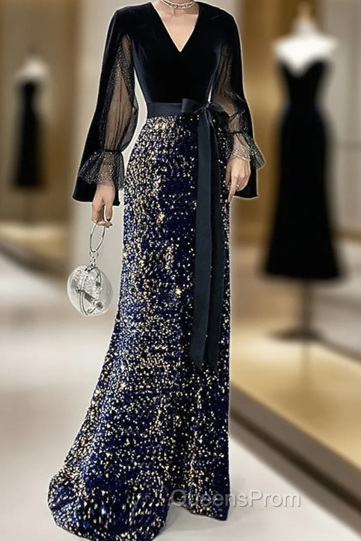 Mermaid / Trumpet Sparkle Gothic Evening Prom Formal Evening Dress V Neck Long Sleeve Floor Length Sequined Velvet With Sash / Ribbon Sequin Main image