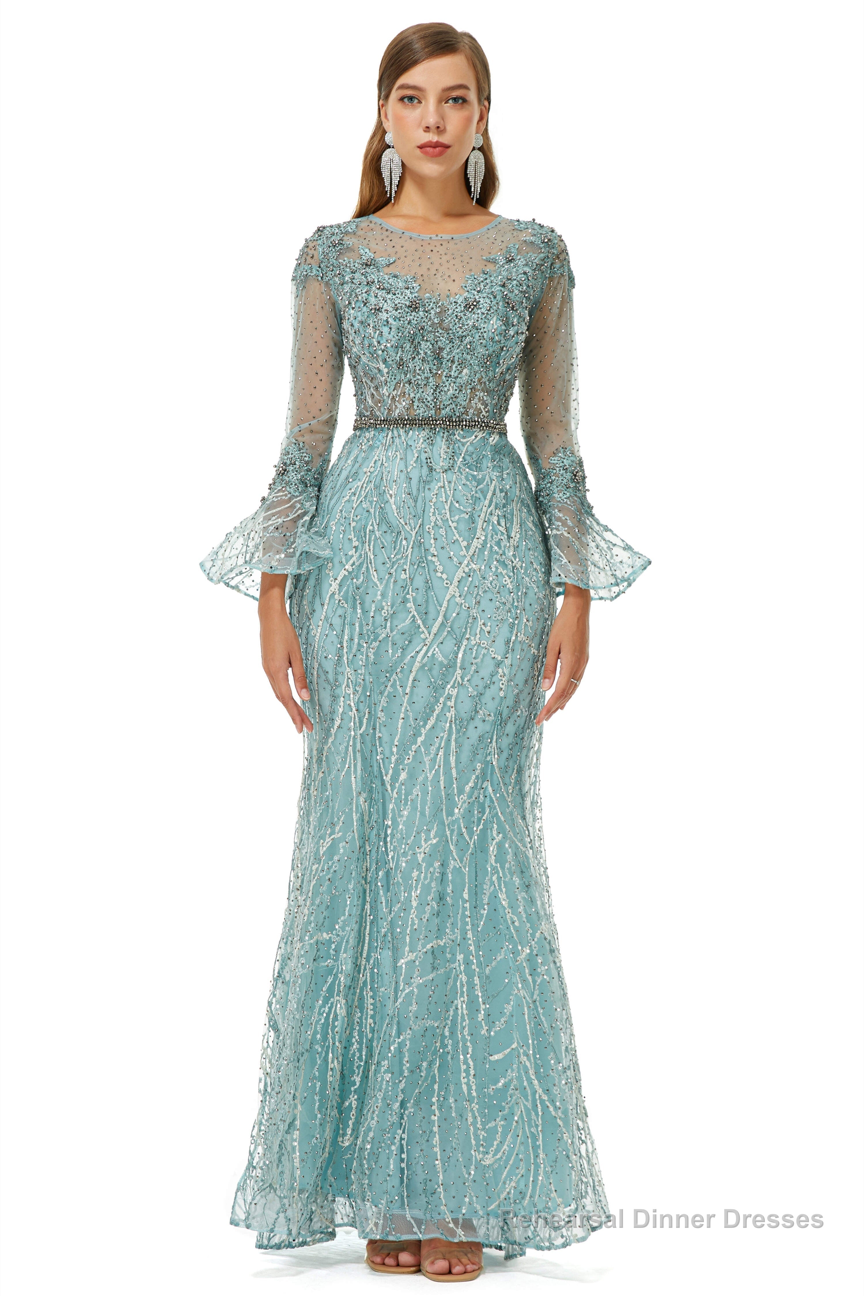 Mermaid Tulle Beading Long Sleeve Prom Dresses Main image