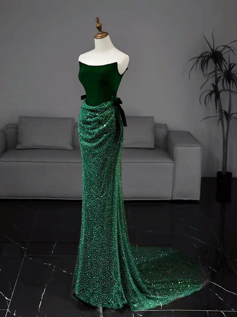 Mermaid Tulle Velvet Green Long Classy Prom Dress, Green Long Classy Dress Main image