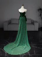 Mermaid Tulle Velvet Green Long Classy Prom Dress, Green Long Classy Dress