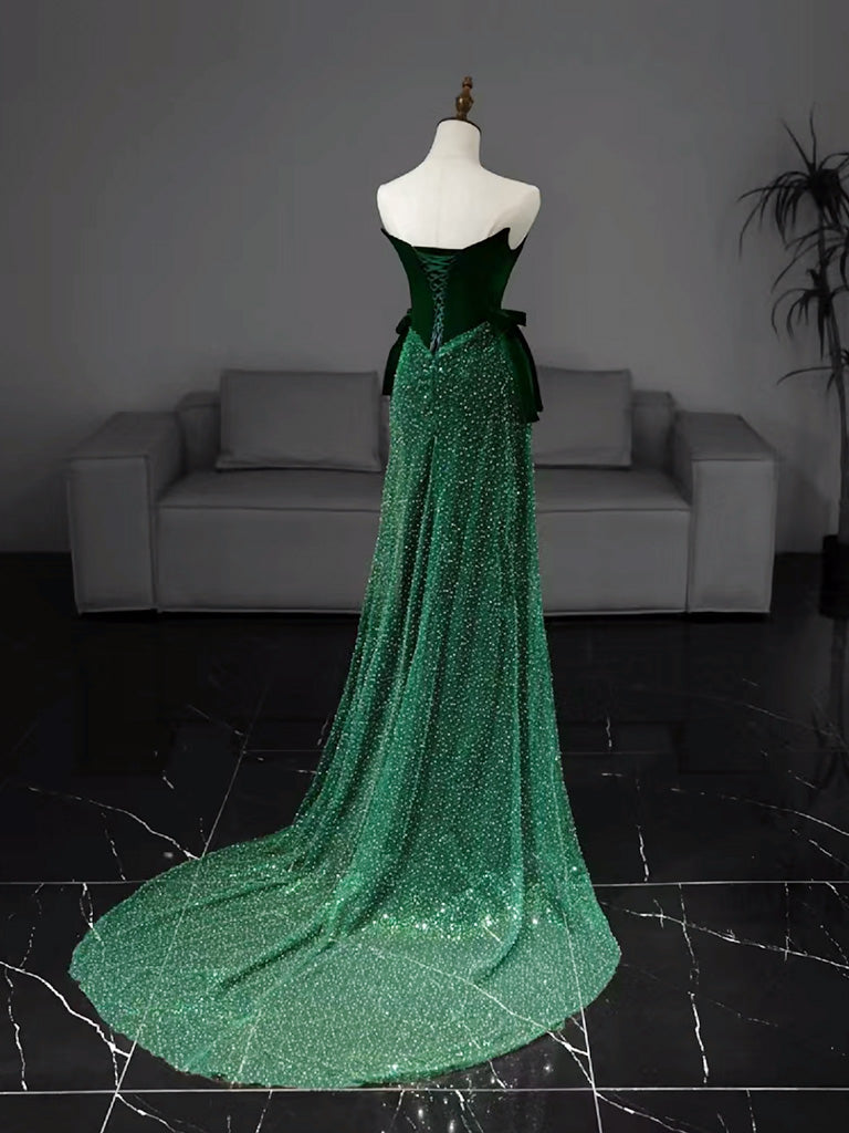 Mermaid Tulle Velvet Green Long Classy Prom Dress, Green Long Classy Dress