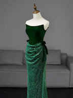 Mermaid Tulle Velvet Green Long Classy Prom Dress, Green Long Classy Dress