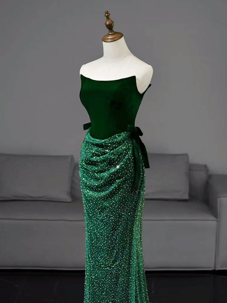 Mermaid Tulle Velvet Green Long Classy Prom Dress, Green Long Classy Dress