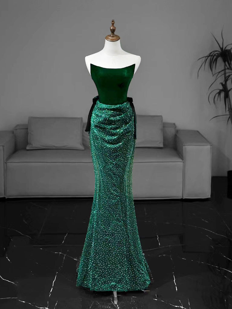 Mermaid Tulle Velvet Green Long Classy Prom Dress, Green Long Classy Dress