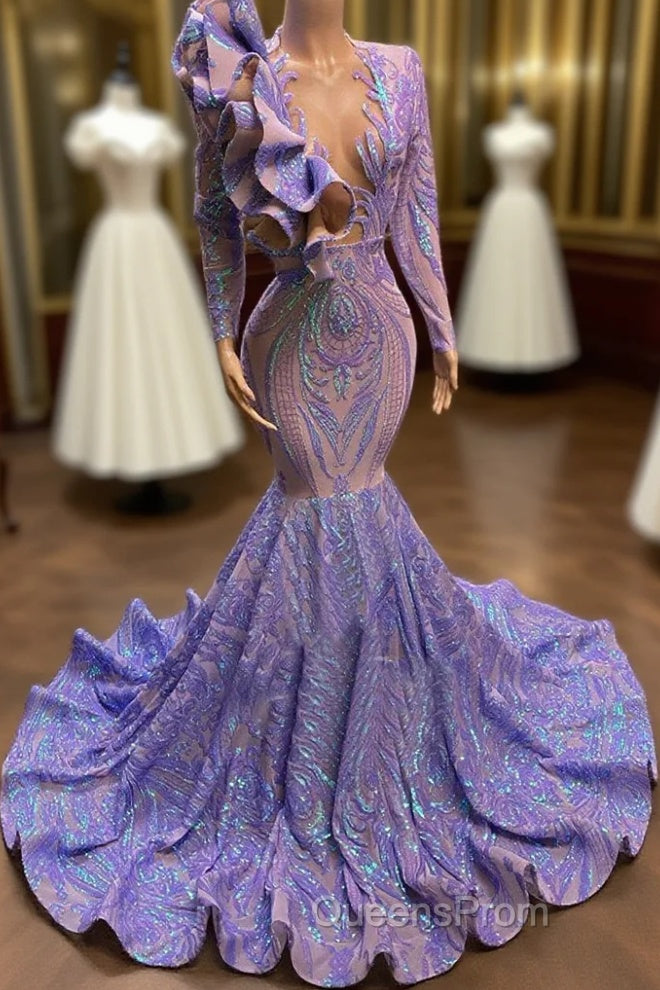 Mermaid V-Neck Appliques Lace Sequined Open Back Floor-Length Long Sleeve Evening Prom Dress Main image