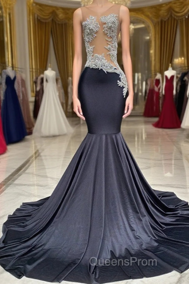Mermaid V-neck Appliques Lace Sequined Open Back One Shoulder Floor-length Sleeveless Evening Prom Dress Main image