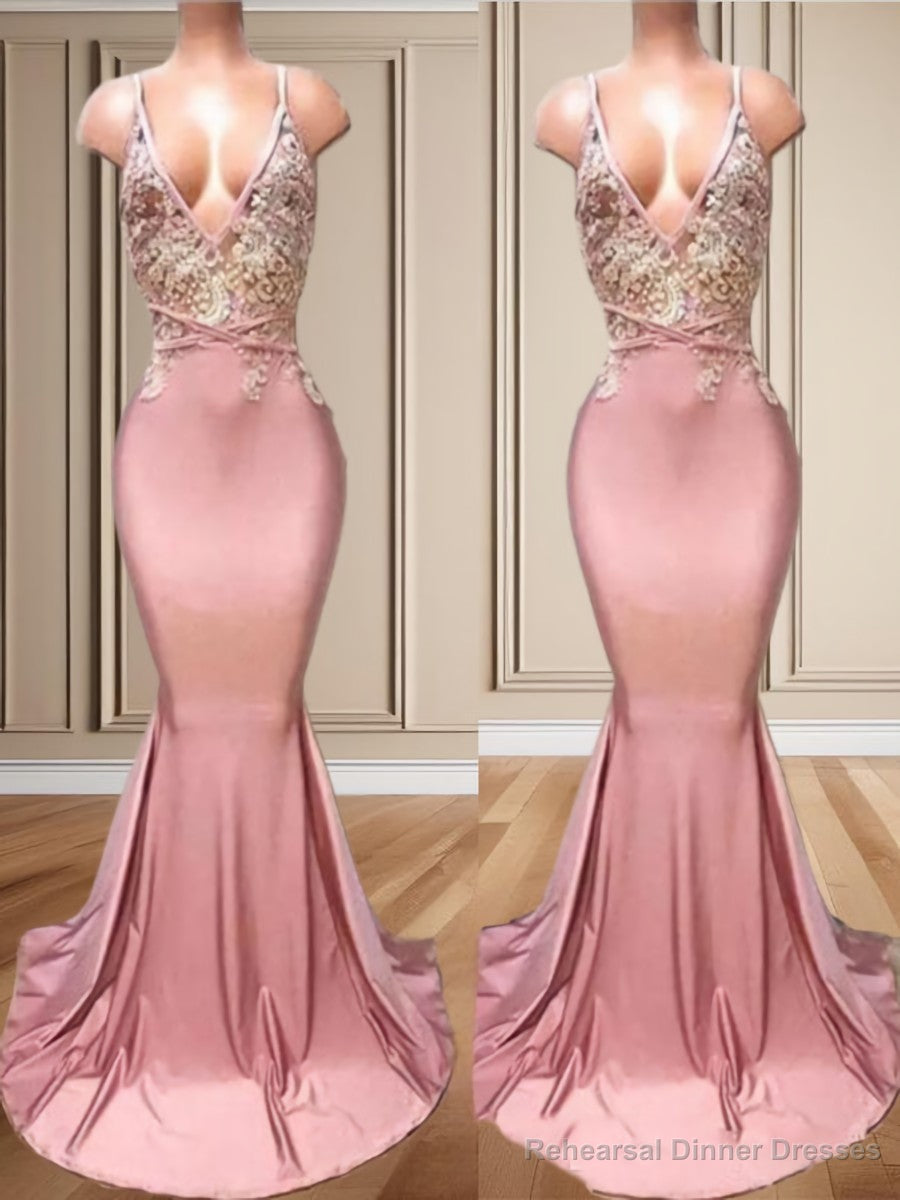 Mermaid V-neck Appliques Lace Sweep Train Charmeuse Dress Main image