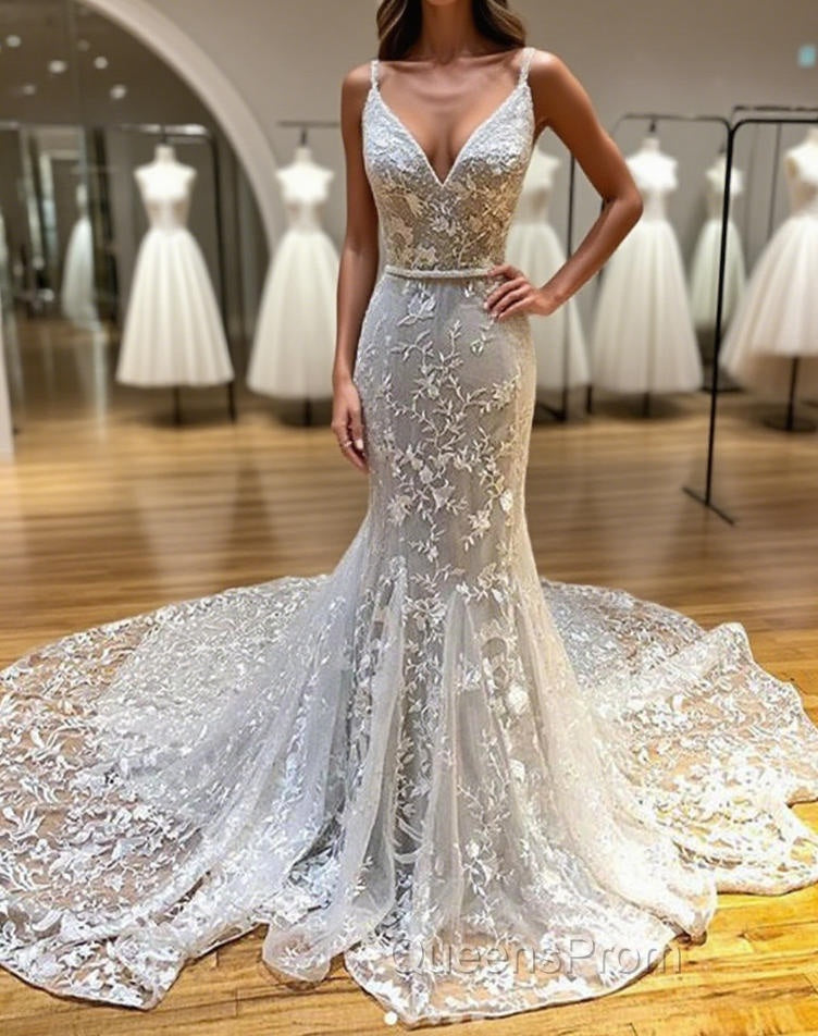 Mermaid V Neck Backless White Lace Long Evening Prom Dress, Mermaid Ivory Lace Formal Dress, Ivory Lace Evening Dress Main image