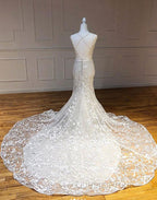 Mermaid V Neck Backless White Lace Long Evening Prom Dress, Mermaid Ivory Lace Formal Dress, Ivory Lace Evening Dress