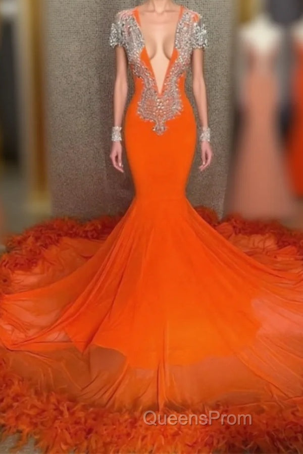 Mermaid V-neck Beaded Sequined Floor-length Long Sleeves With Feather Evening Prom Dress Main image