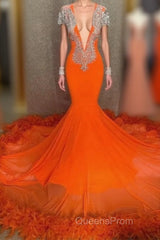 Mermaid V-neck Beaded Sequined Floor-length Long Sleeves With Feather Evening Prom Dress