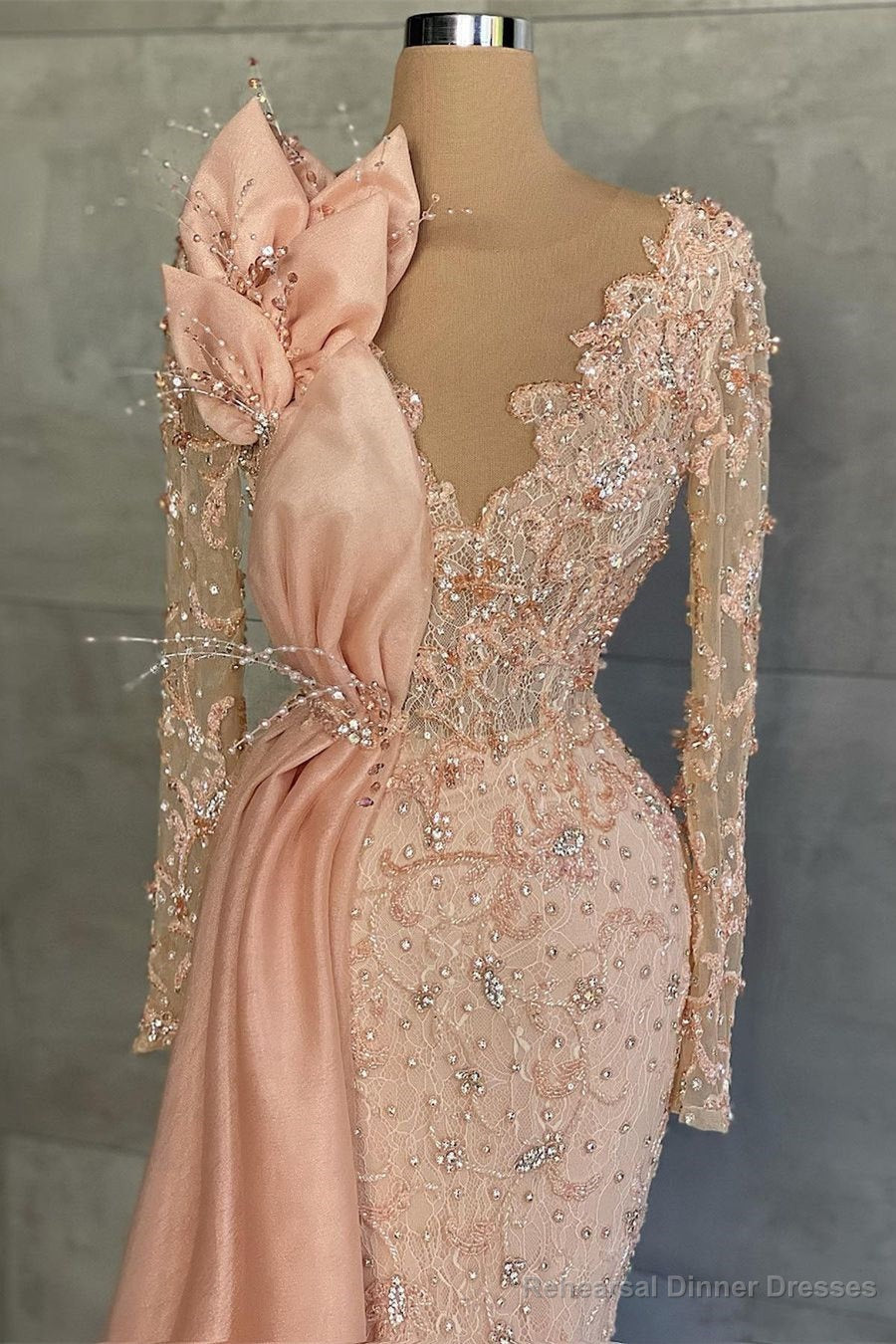 Mermaid V-neck Beading Sequined Floor-length Long Sleeve Appliques Lace Flower Prom Dress Secondary image