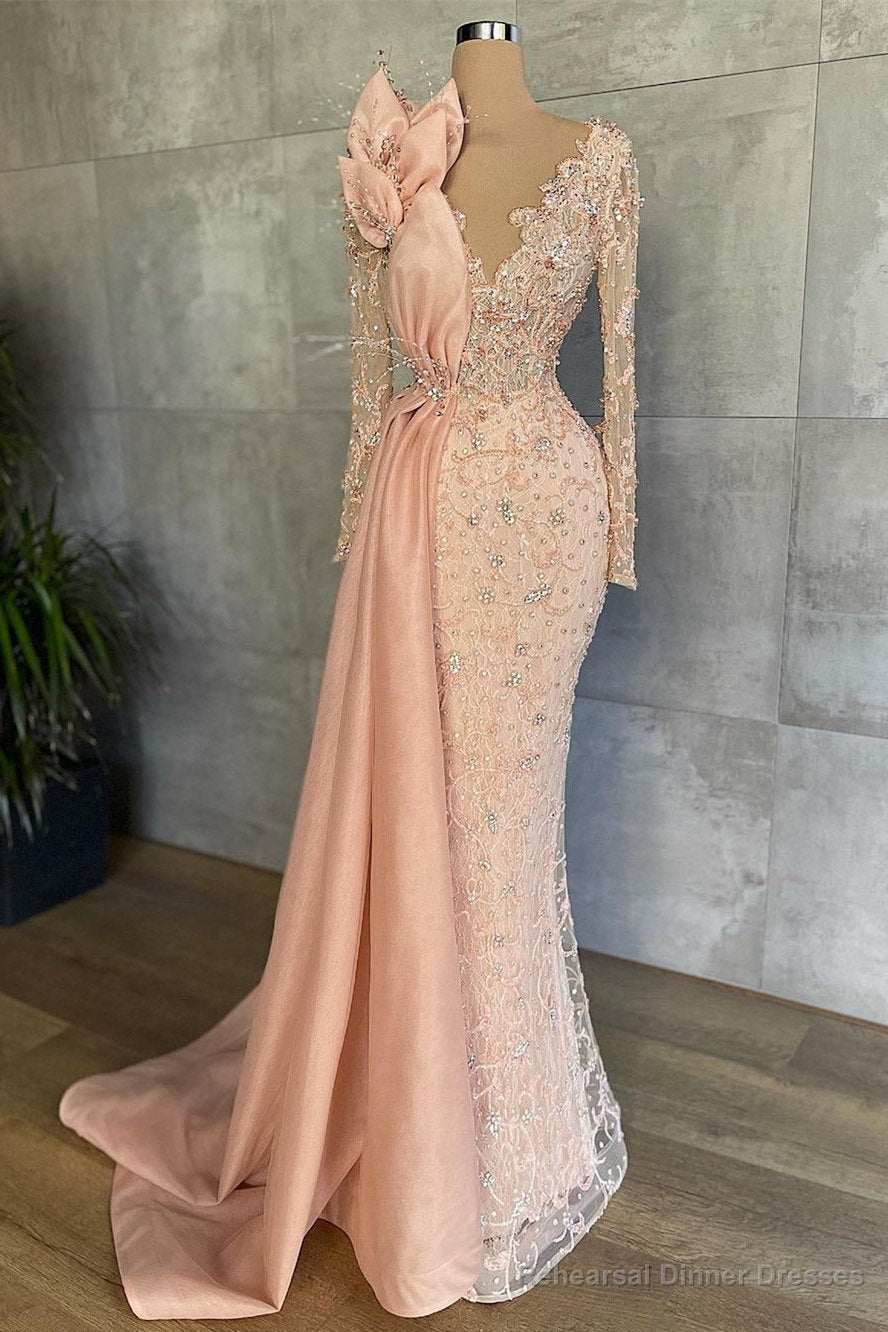 Mermaid V-neck Beading Sequined Floor-length Long Sleeve Appliques Lace Flower Prom Dress Main image