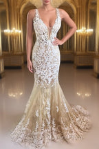 Mermaid V Neck Champagne Lace Evening Prom Dress, Mermaid Champagne Formal Dress, Champagne Lace Evening Dress