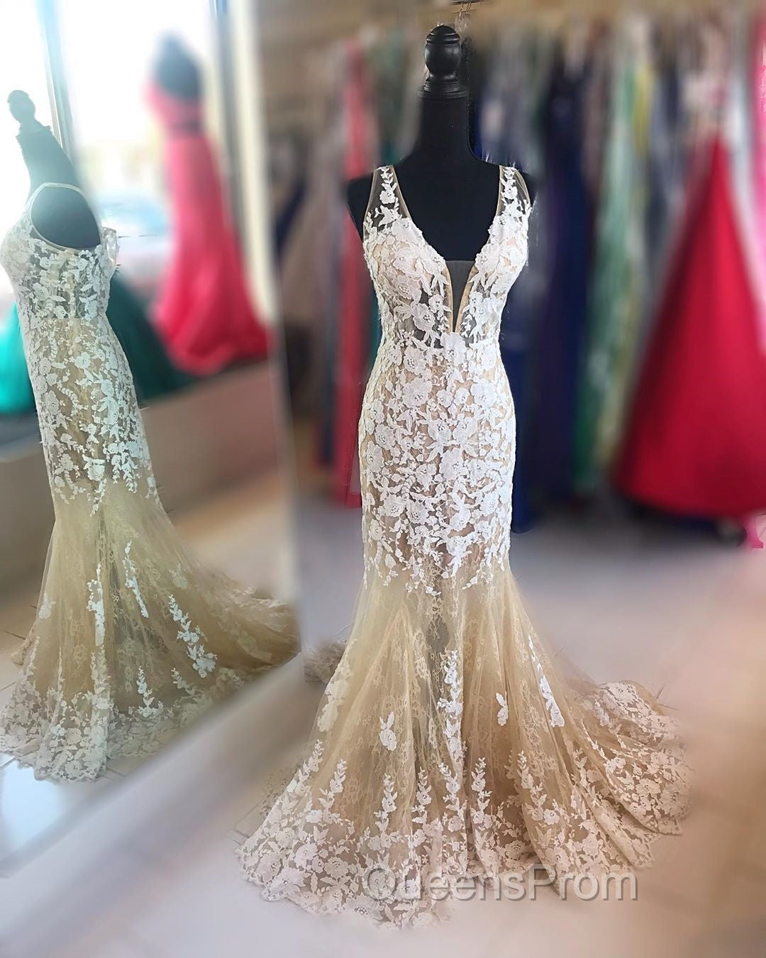 Mermaid V Neck Champagne Lace Evening Prom Dress, Mermaid Champagne Formal Dress, Champagne Lace Evening Dress Secondary image
