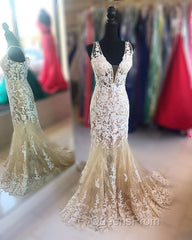 Mermaid V Neck Champagne Lace Evening Prom Dress, Mermaid Champagne Formal Dress, Champagne Lace Evening Dress