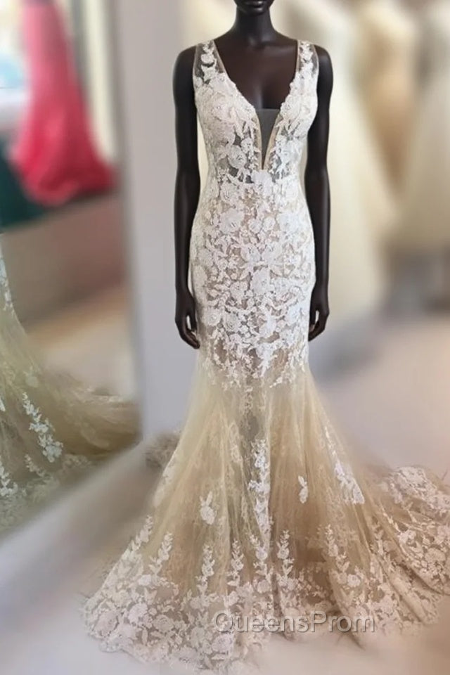 Mermaid V Neck Champagne Lace Evening Prom Dress, Mermaid Champagne Formal Dress Main image