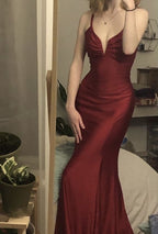 Mermaid V Neck Cross Back Burgundy Satin Long Classy Prom Dress