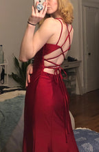 Mermaid V Neck Cross Back Burgundy Satin Long Classy Prom Dress