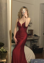 Mermaid V Neck Cross Back Burgundy Satin Long Classy Prom Dress