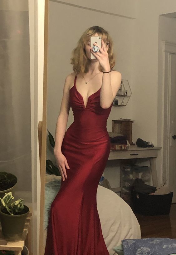 Mermaid V Neck Cross Back Burgundy Satin Long Classy Prom Dress