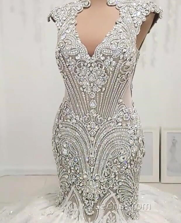 Mermaid V-neck Floor Length Backless Tulle Beading Applique Wedding Dress Secondary image