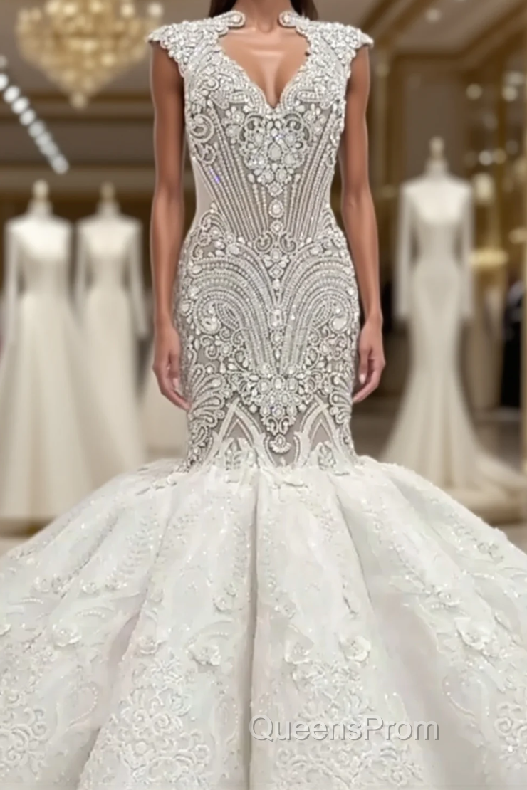 Mermaid V-neck Floor Length Backless Tulle Beading Applique Wedding Dress