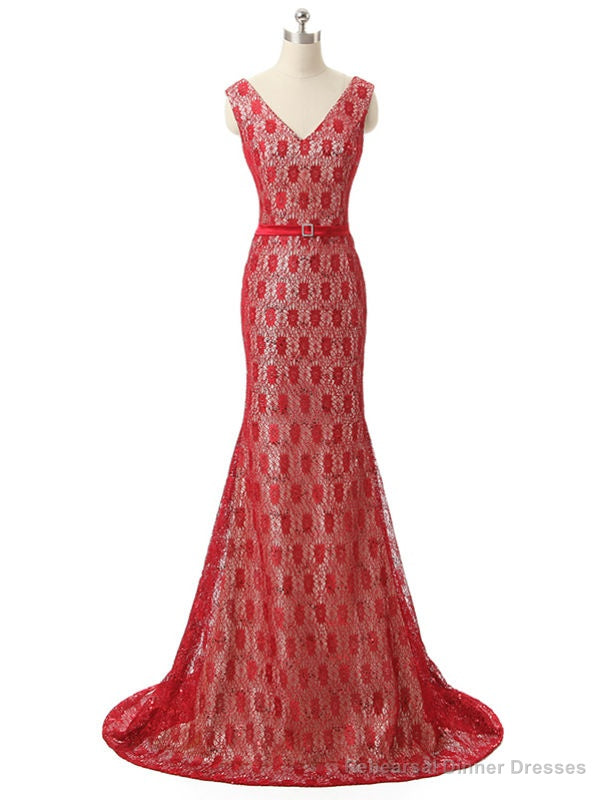 Mermaid V Neck Floor Length Red Lace Mother Of The Bride Dresses Main image