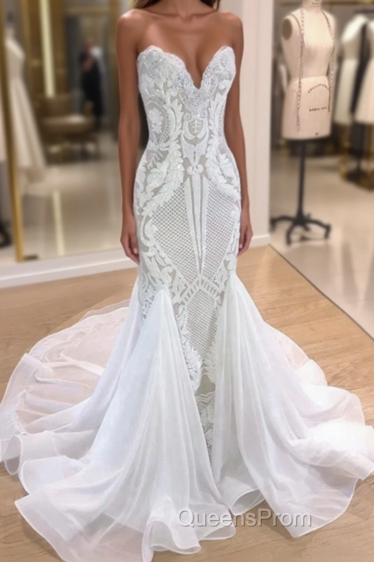 Mermaid V-neck Floor Length Sleeveless Tulle Applique Wedding Dress Main image