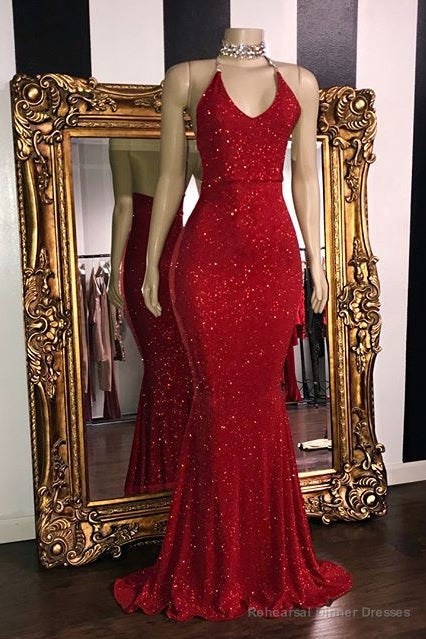 Mermaid V-neck Halter Floor Length Ruffle Hem Paillette Prom Dress Main image