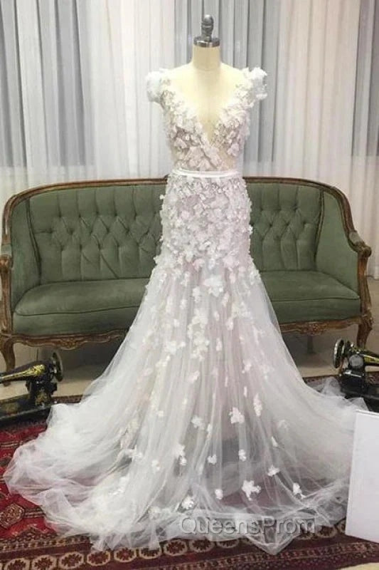 Mermaid V Neck Hand Made Flowers Tulle Wedding Dress