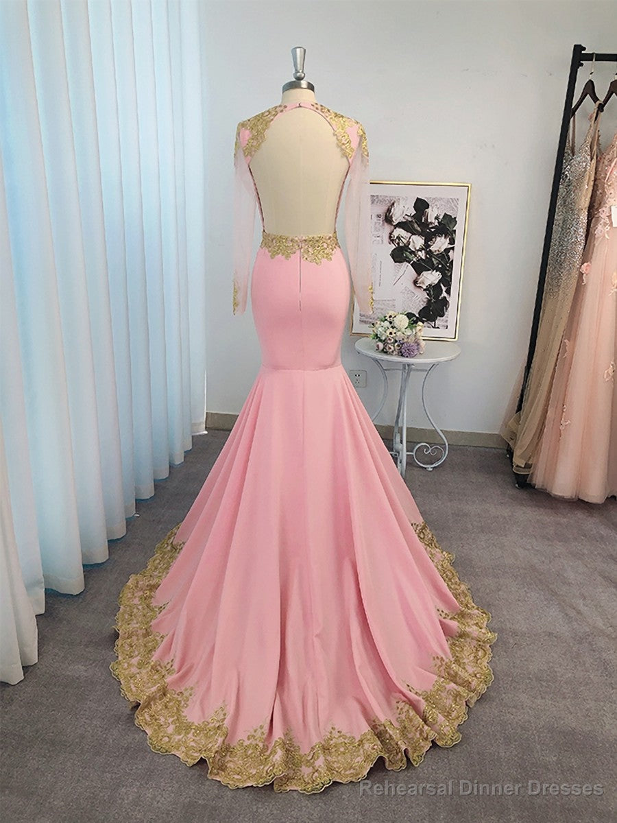 Mermaid V-neck Long Sleeves Appliques Lace Sweep Train Charmeuse Dress Secondary image
