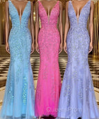 Mermaid V Neck Open Back Lace Long Evening Prom Dress, Mermaid Formal Evening Dress