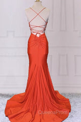 Mermaid V Neck Orange Evening Prom Dress Spaghetti Straps