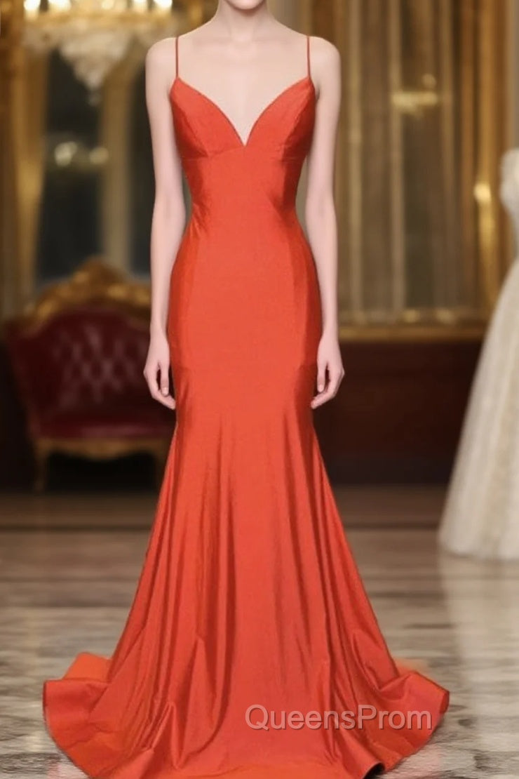 Mermaid V Neck Orange Evening Prom Dress Spaghetti Straps Main image