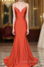 Mermaid V Neck Orange Evening Prom Dress Spaghetti Straps